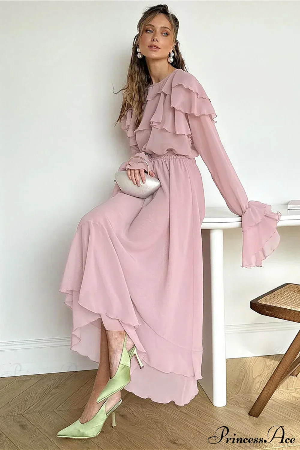 Waist Cinch Ruffled Semi Sheer Elegant Maxi Dress - Image 3