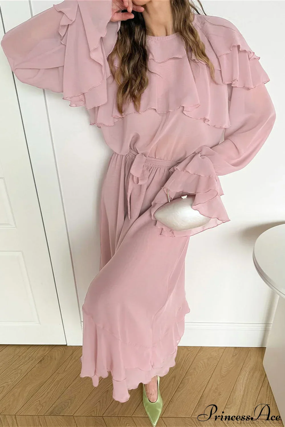 Waist Cinch Ruffled Semi Sheer Elegant Maxi Dress - Image 4