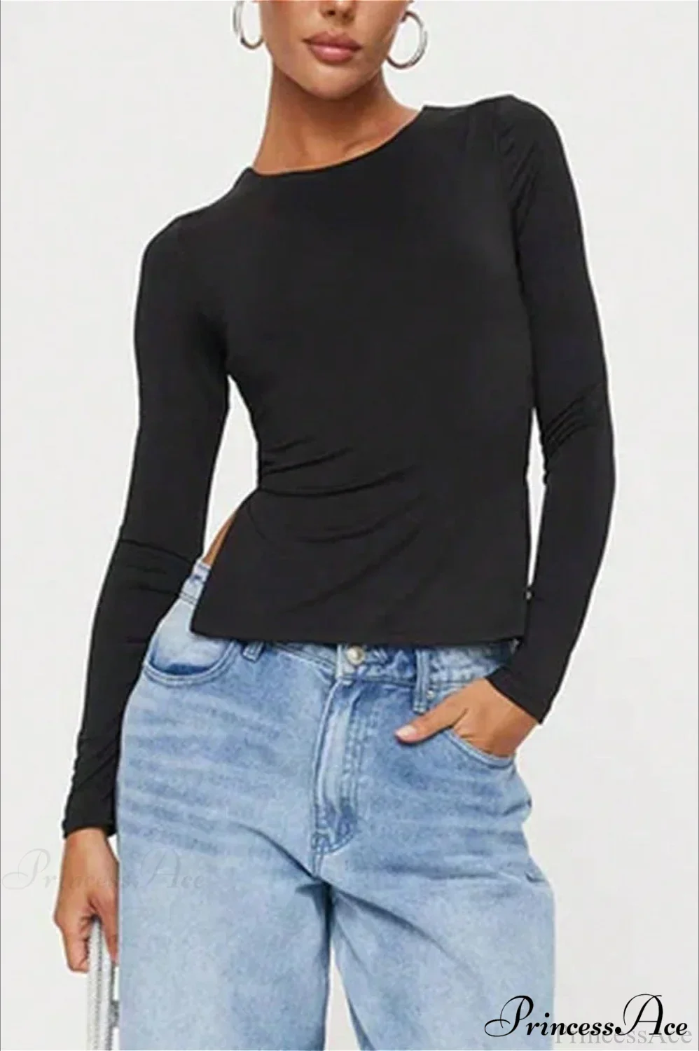 Waist-Tie Solid Color Crew Neck Long-Sleeve Cropped Knit Top - Image 2