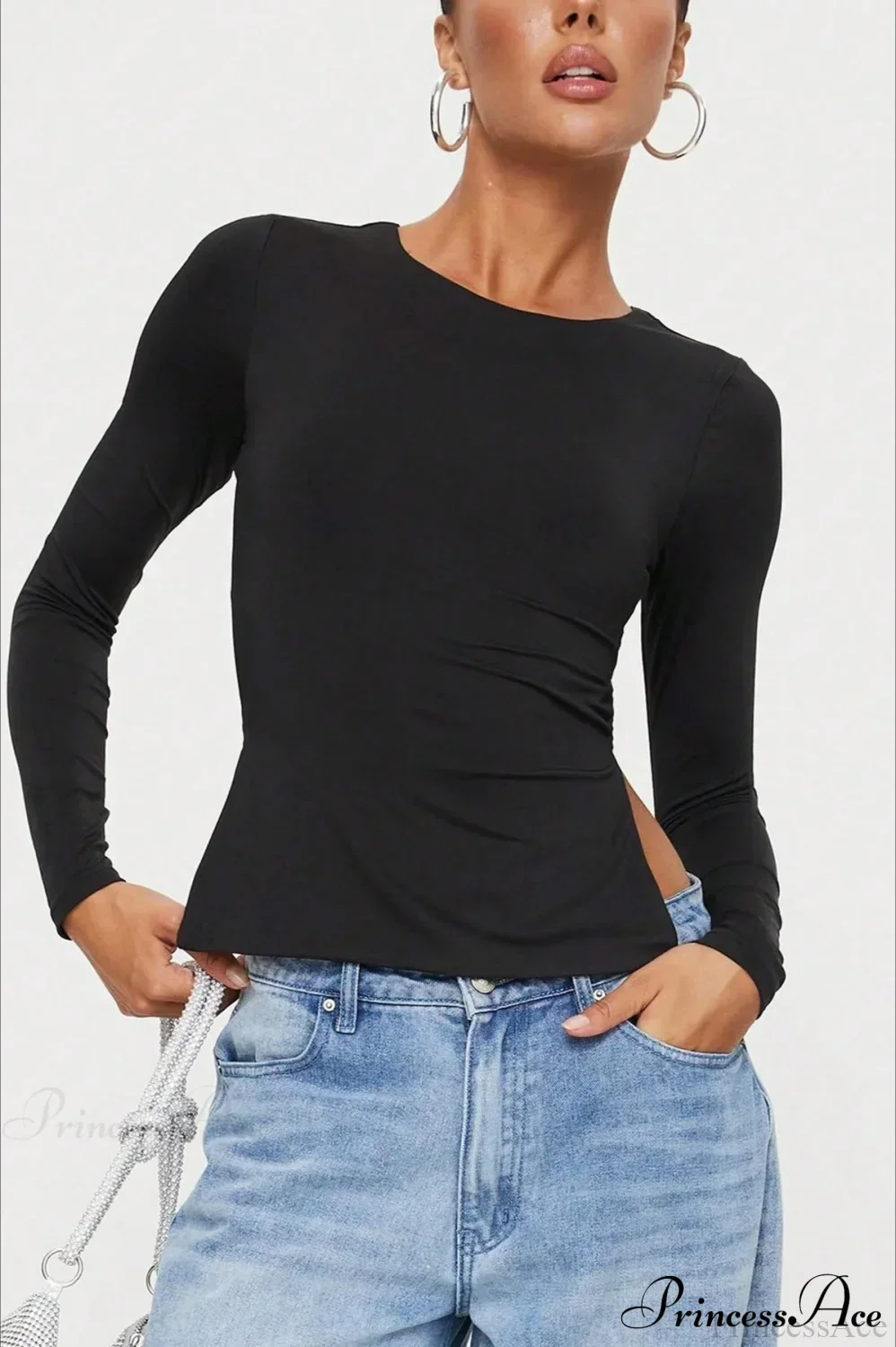 Waist-Tie Solid Color Crew Neck Long-Sleeve Cropped Knit Top - Image 3