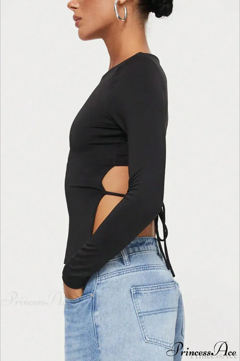 Waist-Tie Solid Color Crew Neck Long-Sleeve Cropped Knit Top - Image 5
