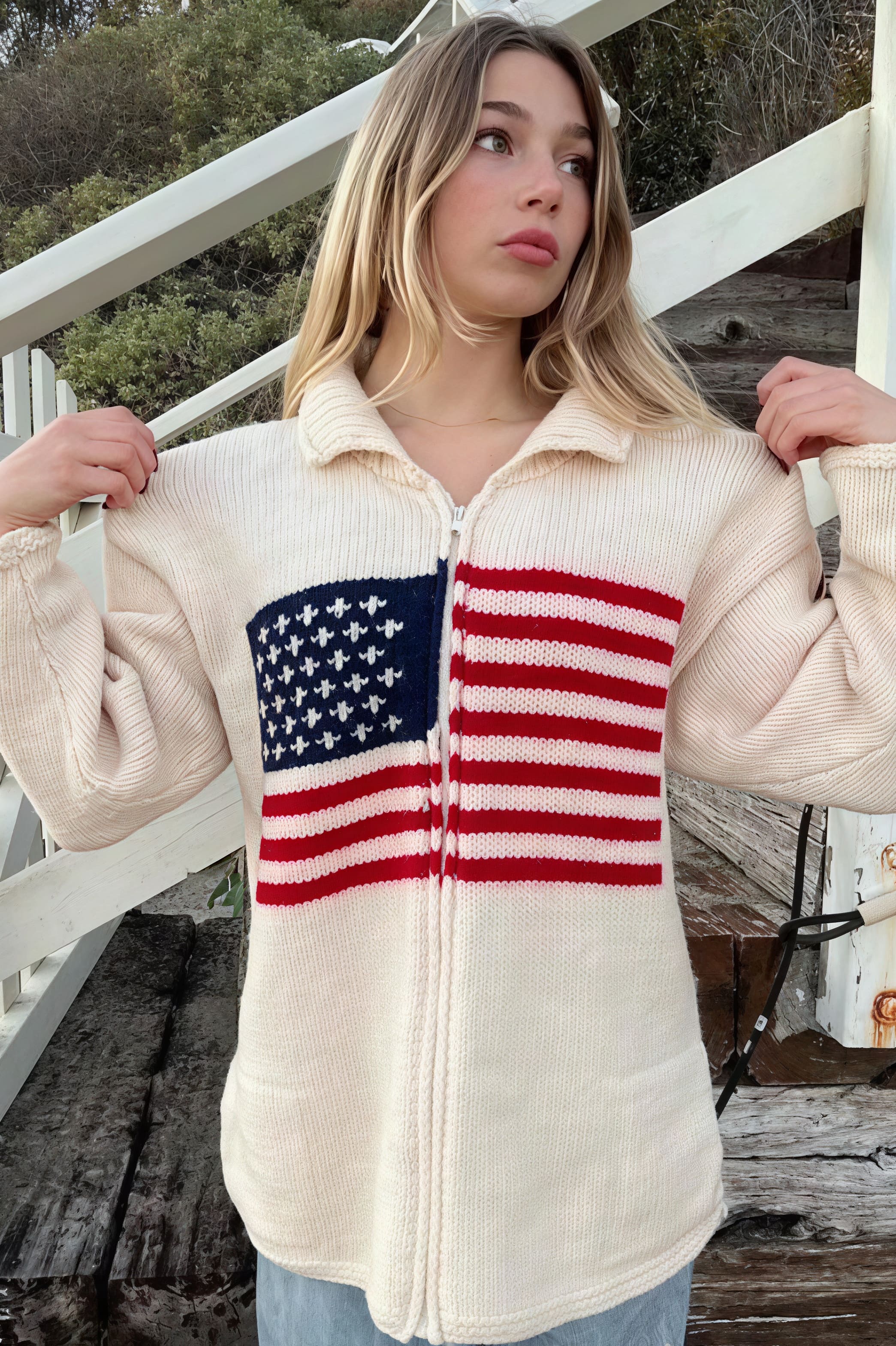 Warm Flag Print Stylish Knit Cardigan - Image 3
