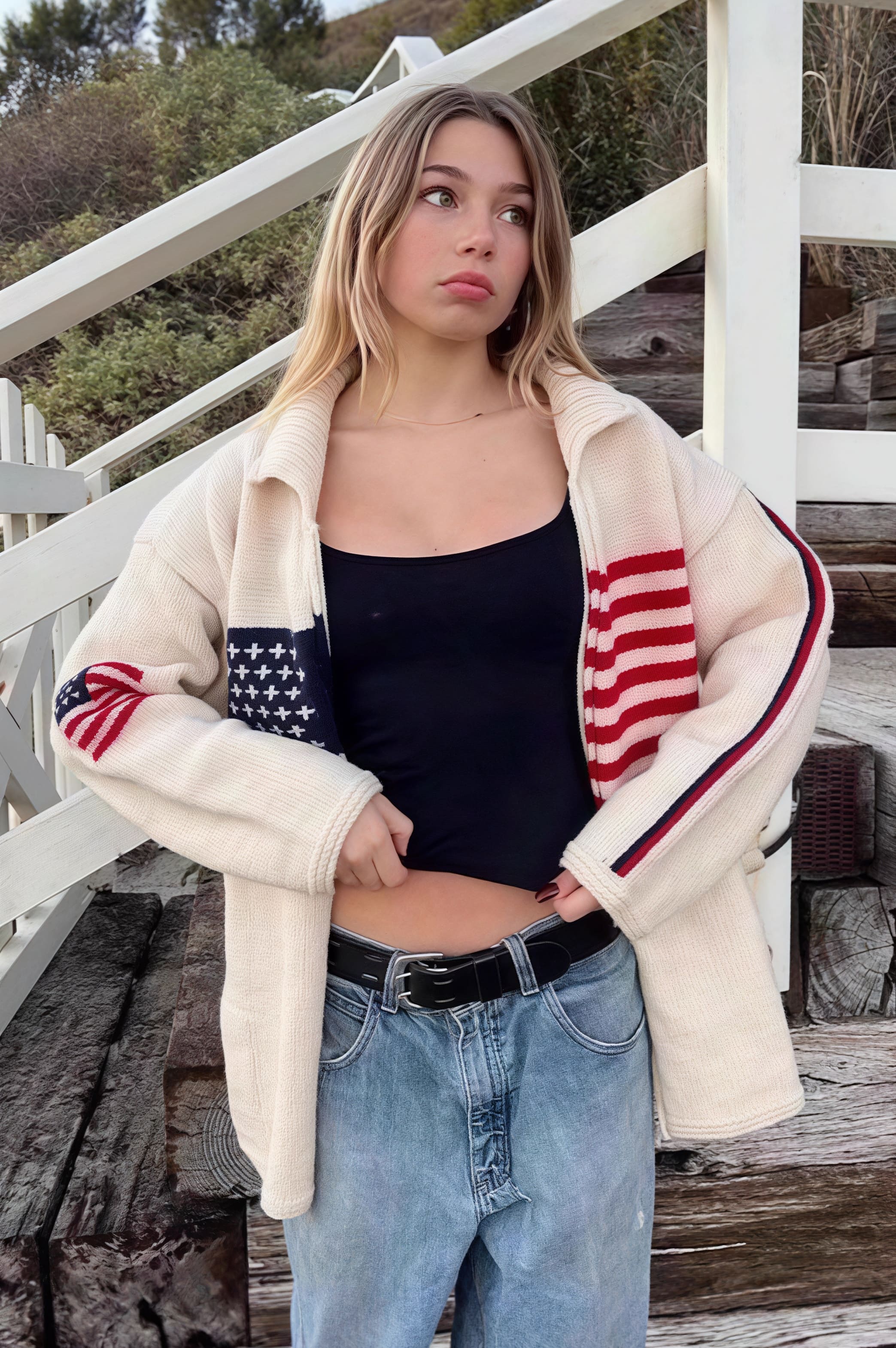 Warm Flag Print Stylish Knit Cardigan - Image 5