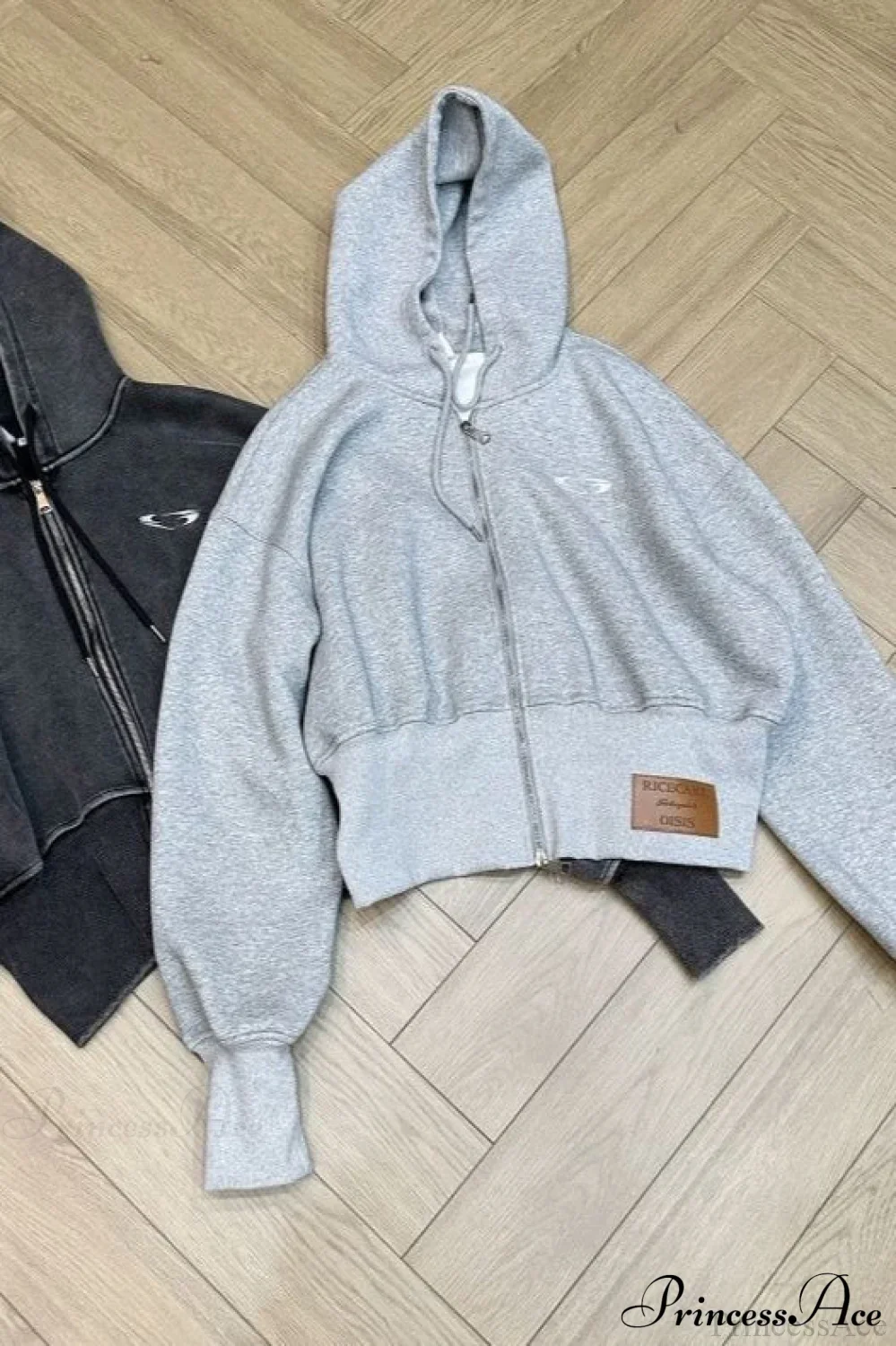 Washed 3D Embroidered Open Front Crop Hoodie - Image 2