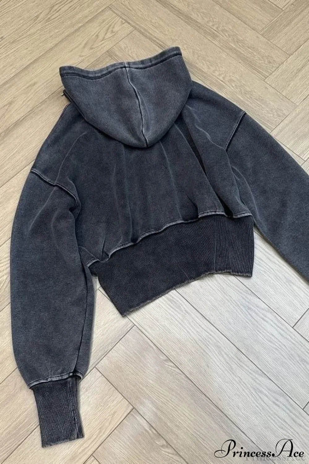 Washed 3D Embroidered Open Front Crop Hoodie - Image 3