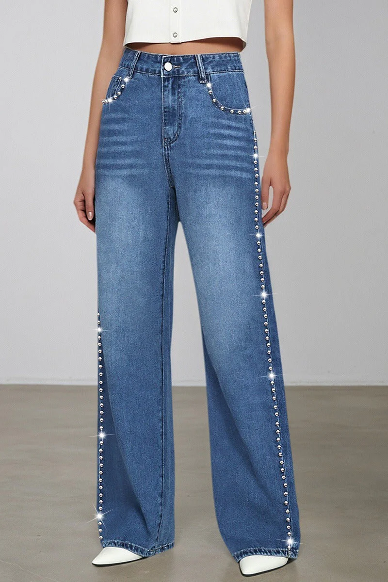 Washed Beaded High Waist Straight Leg Jeans - Image 2