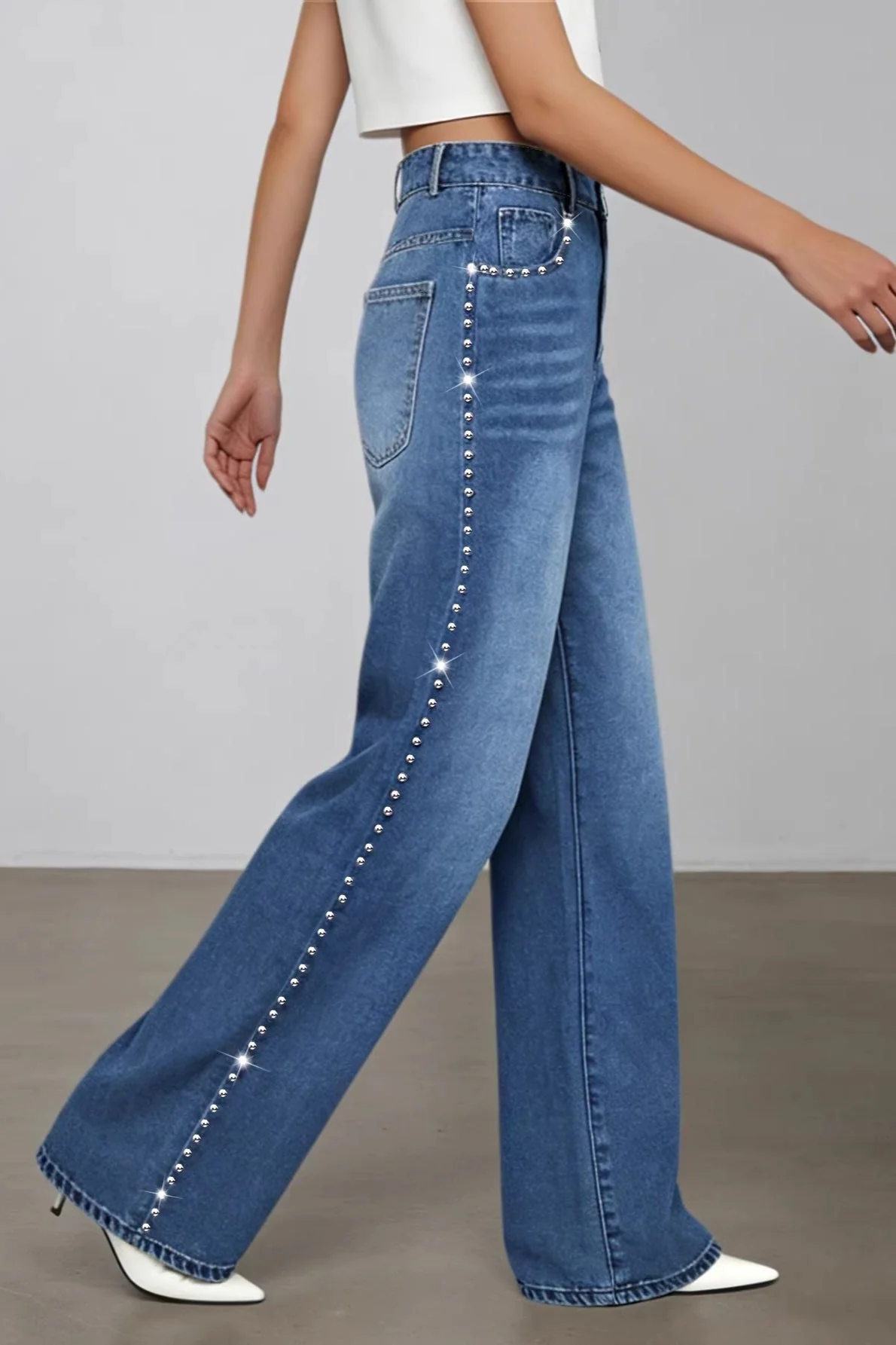 Washed Beaded High Waist Straight Leg Jeans - Image 3