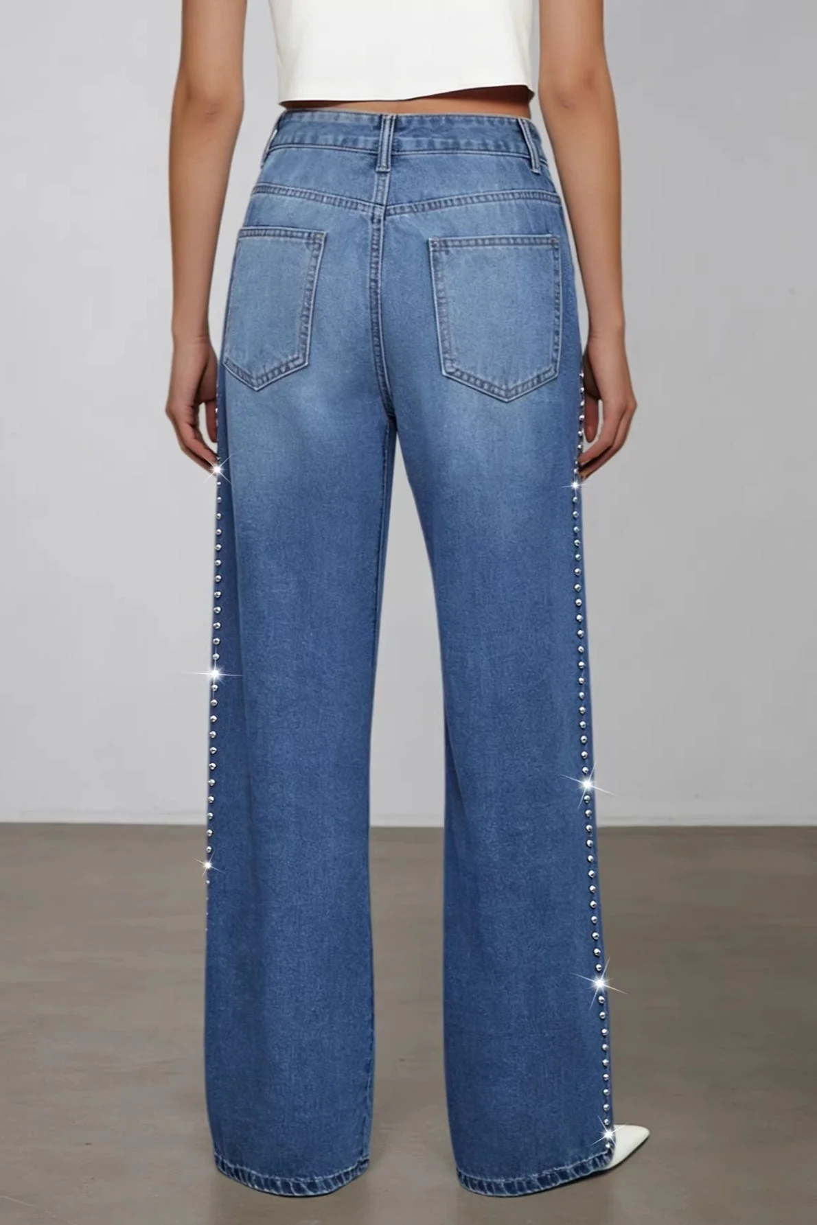 Washed Beaded High Waist Straight Leg Jeans - Image 4