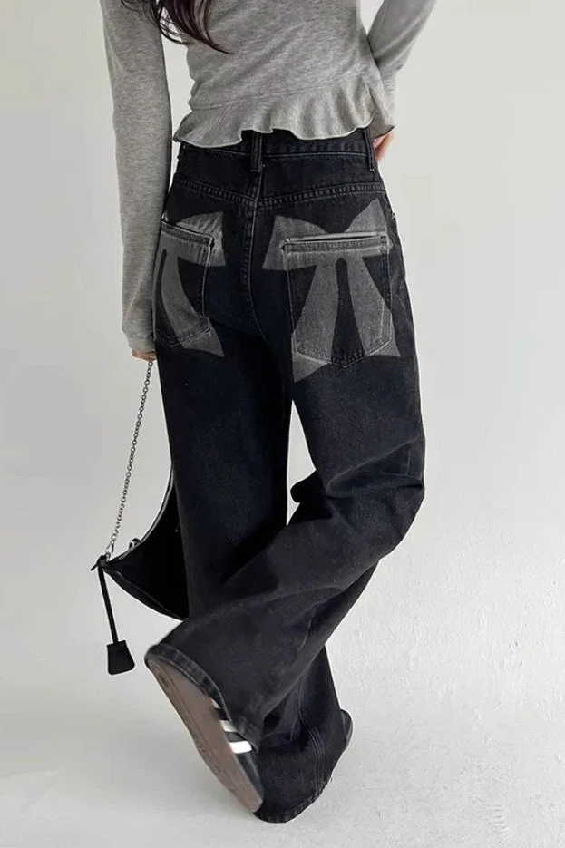 Washed Bow Print Pocket Wide Leg Jeans - Image 2
