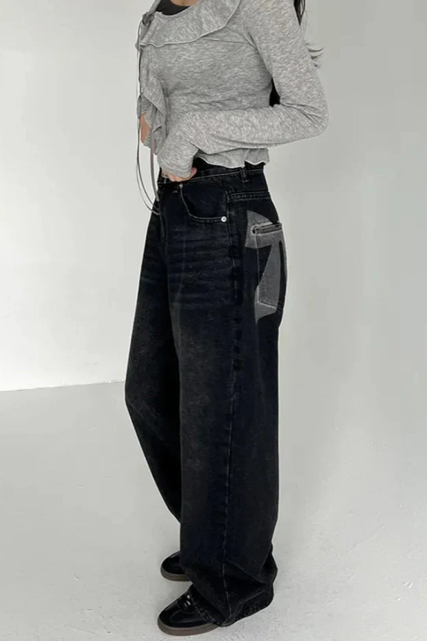 Washed Bow Print Pocket Wide Leg Jeans - Image 3
