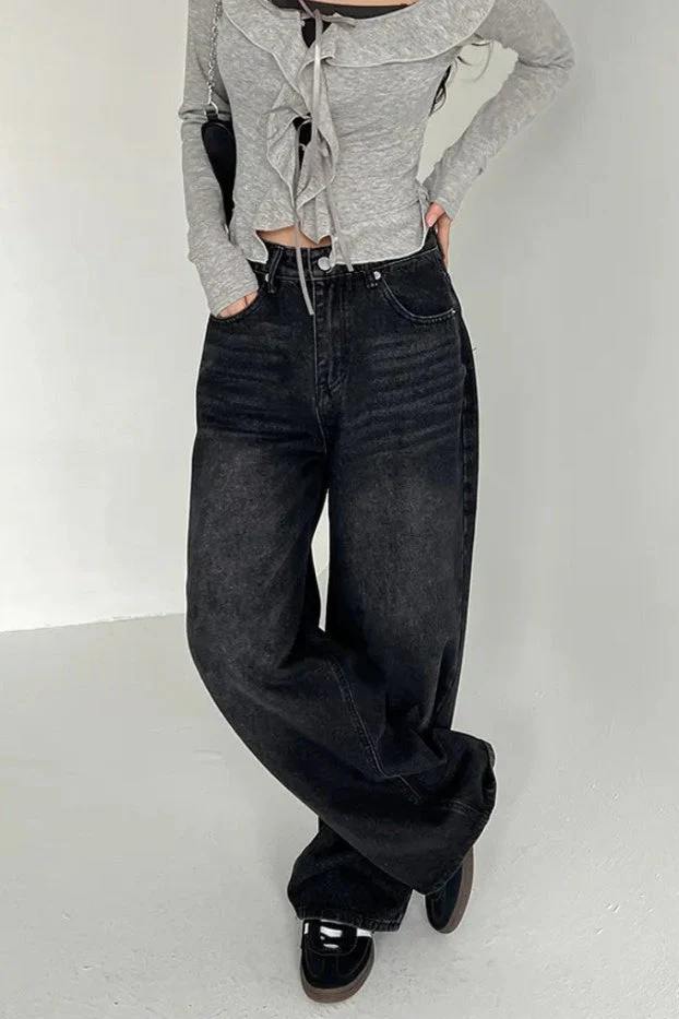 Washed Bow Print Pocket Wide Leg Jeans - Image 4