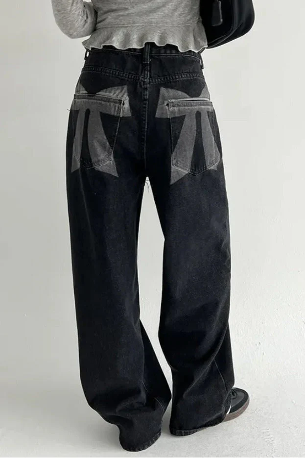 Washed Bow Print Pocket Wide Leg Jeans - Image 5