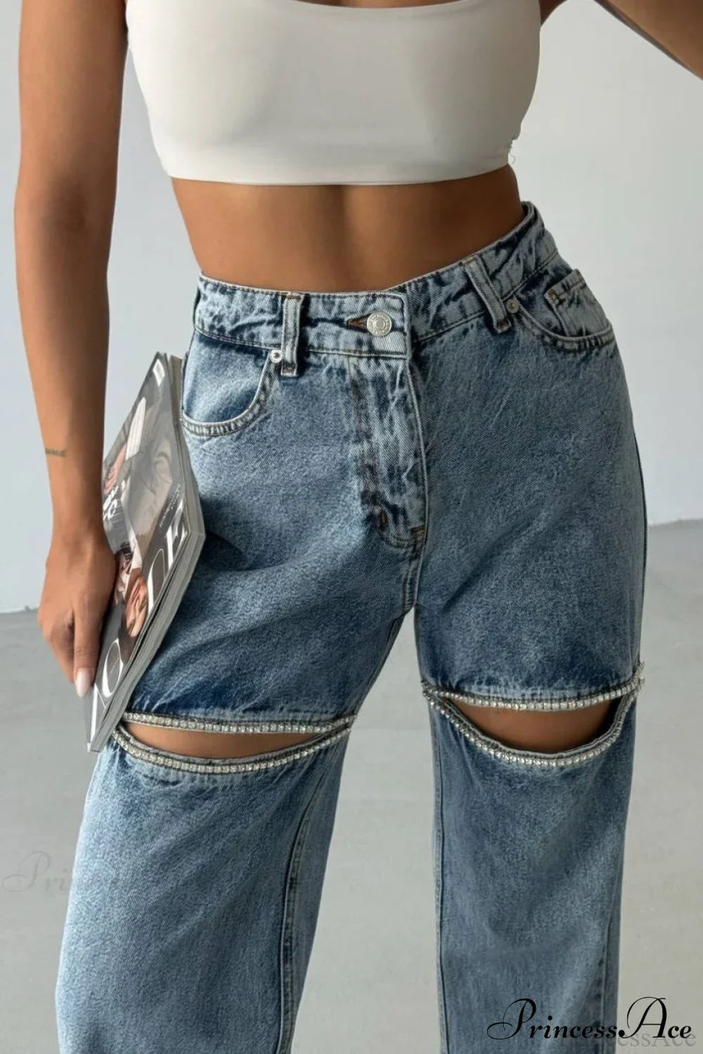 Washed Chain Distressed Straight Jeans - Image 2