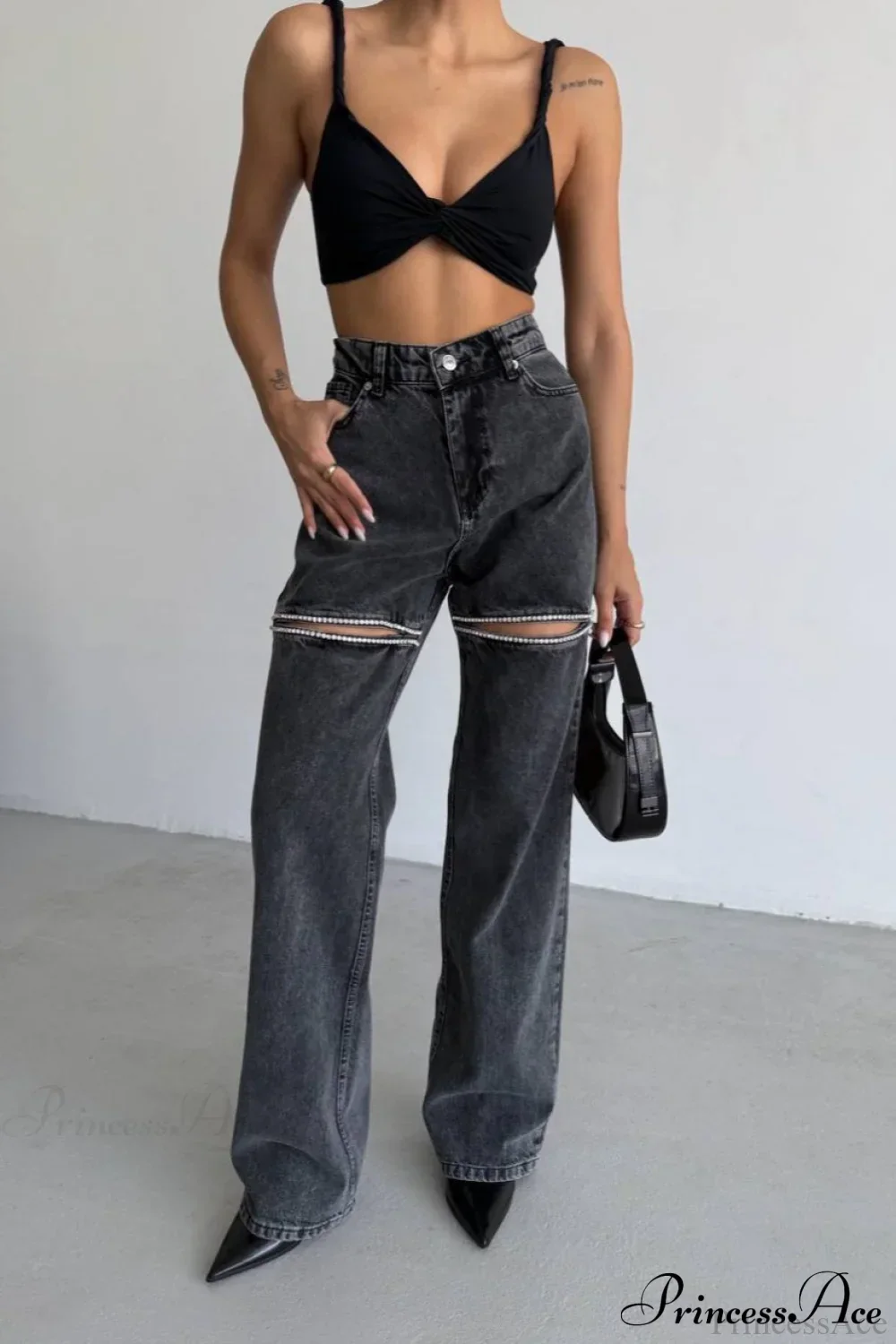 Washed Chain Distressed Straight Jeans - Image 3