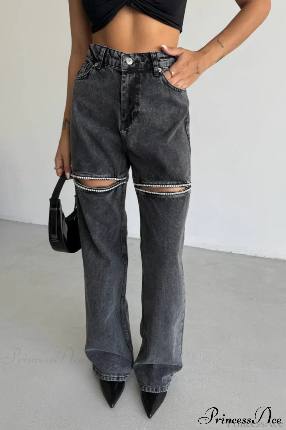 Washed Chain Distressed Straight Jeans - Image 4