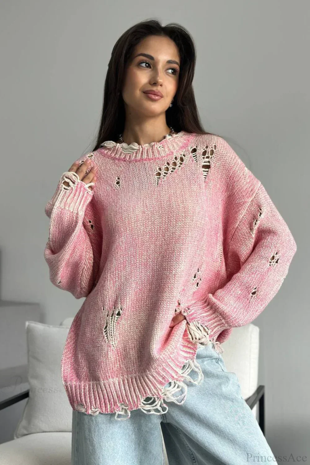 Washed Crew Neck Distressed Mid-Length Sweater - Image 2