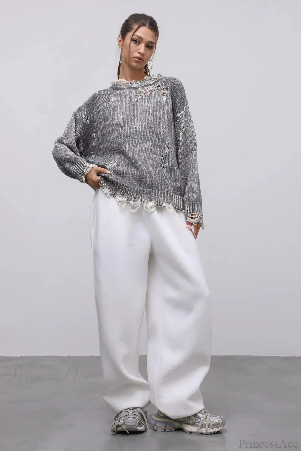 Washed Crew Neck Distressed Mid-Length Sweater - Image 7