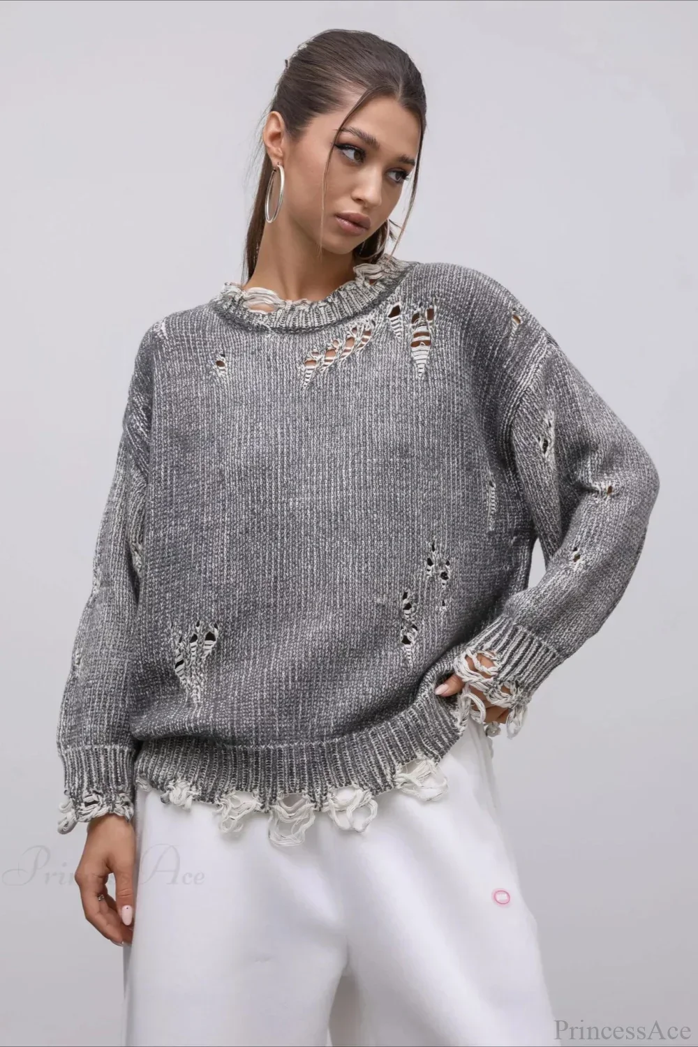 Washed Crew Neck Distressed Mid-Length Sweater - Image 8