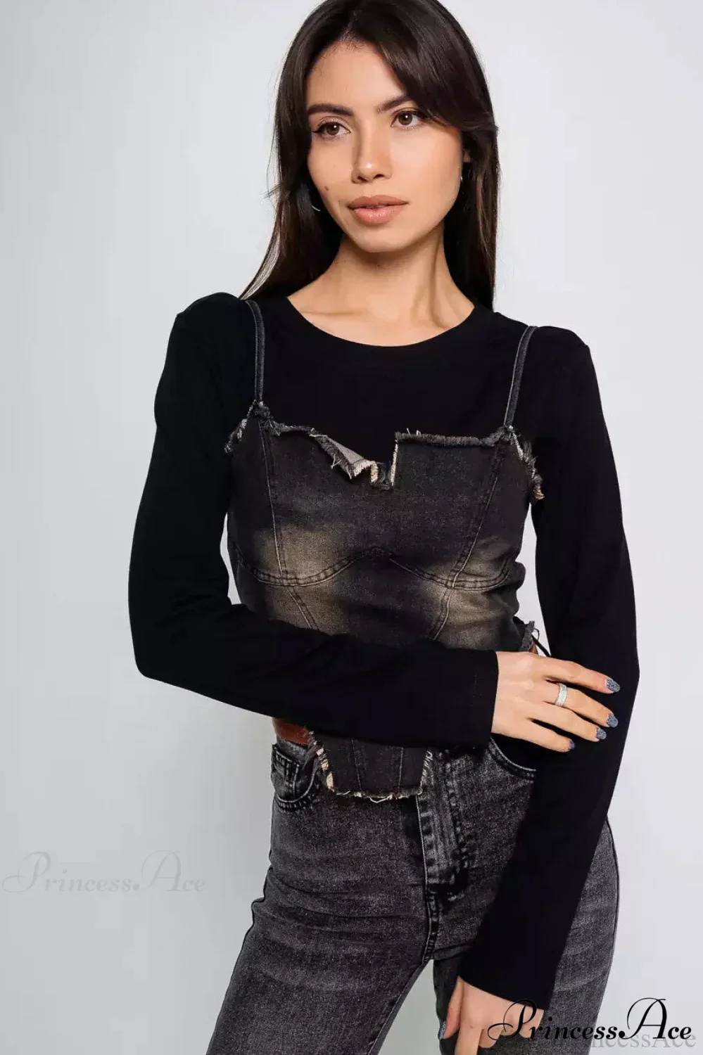 Washed Denim Cami Layered Slim Long Sleeve Tee - Image 4