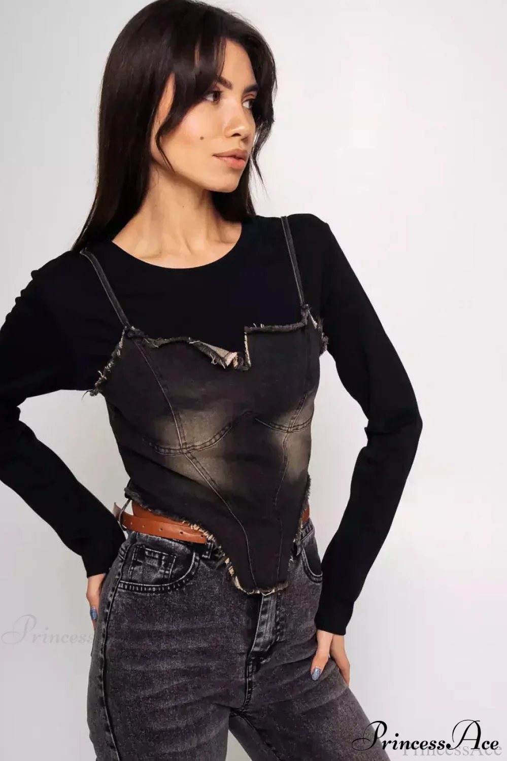 Washed Denim Cami Layered Slim Long Sleeve Tee - Image 5