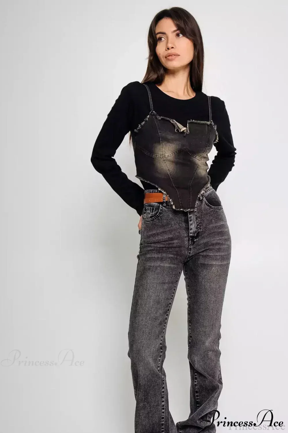 Washed Denim Cami Layered Slim Long Sleeve Tee - Image 6