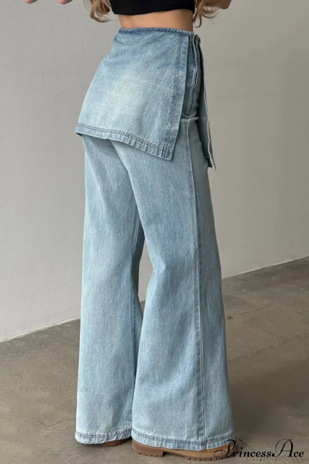 Washed Denim High Waisted Irregular Wide Leg Jeans - Image 2