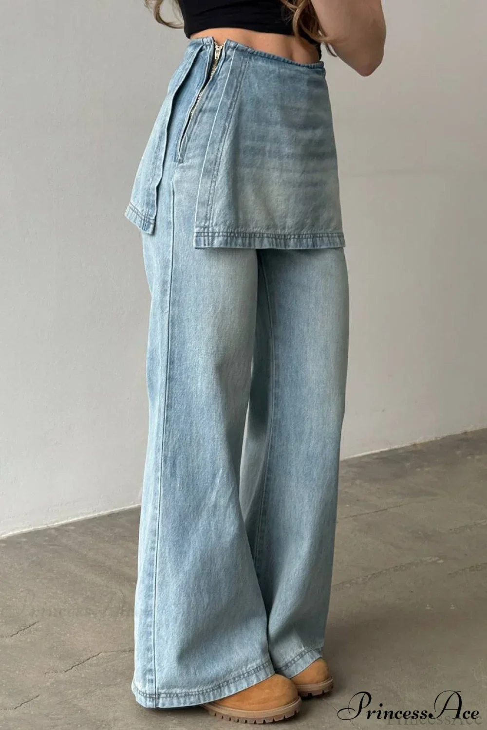 Washed Denim High Waisted Irregular Wide Leg Jeans - Image 3