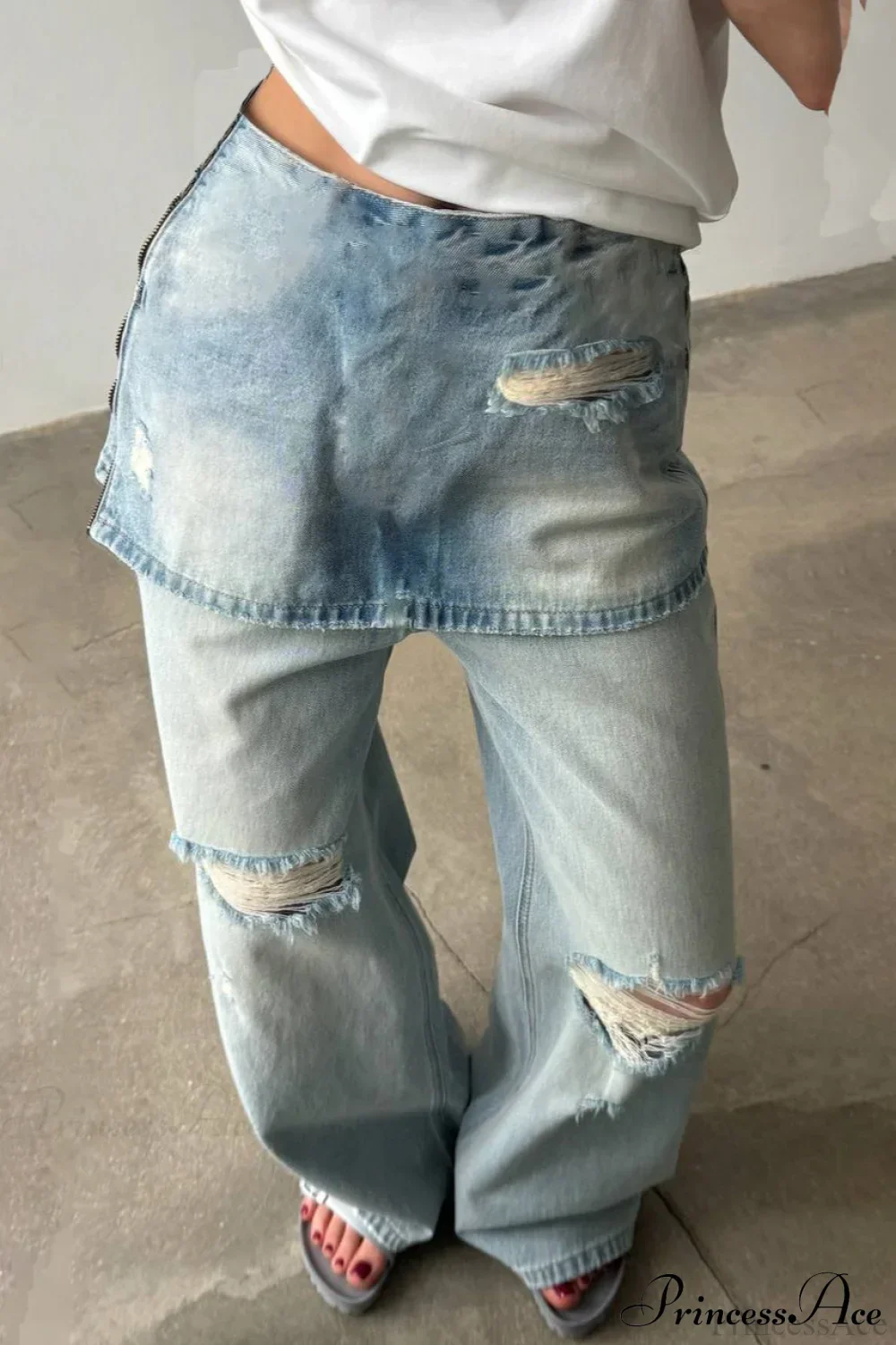 Washed Denim High Waisted Irregular Wide Leg Jeans - Image 5