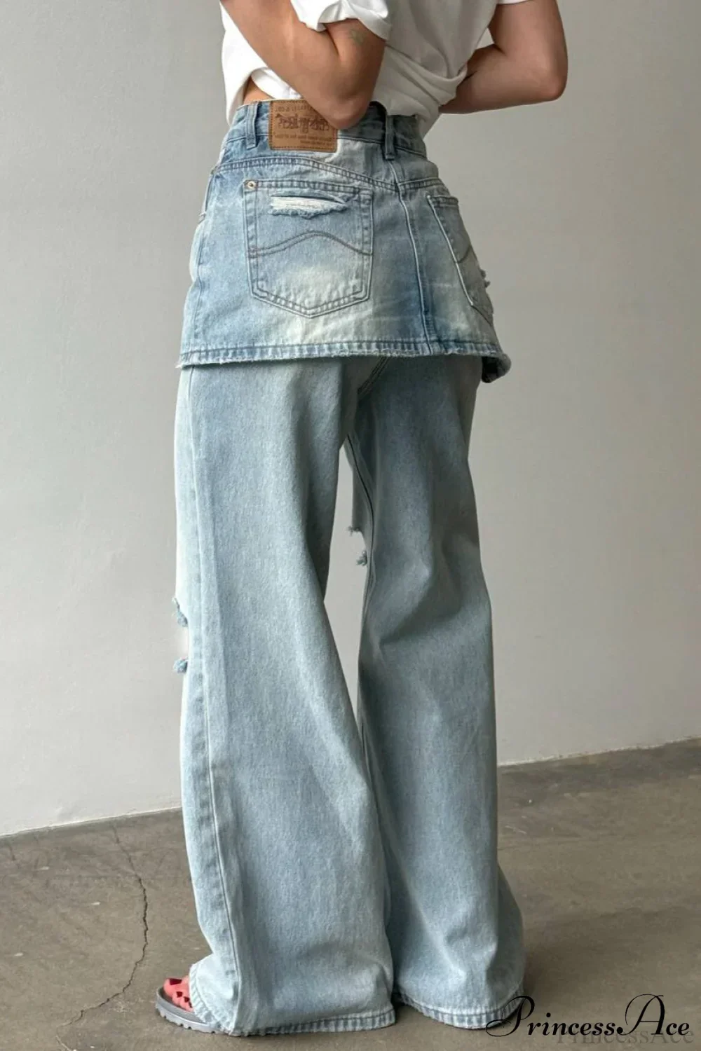 Washed Denim High Waisted Irregular Wide Leg Jeans - Image 6