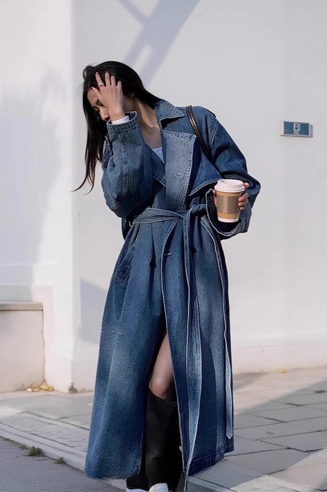 Washed Denim Lazy-Chic Long Overcoat - Image 2