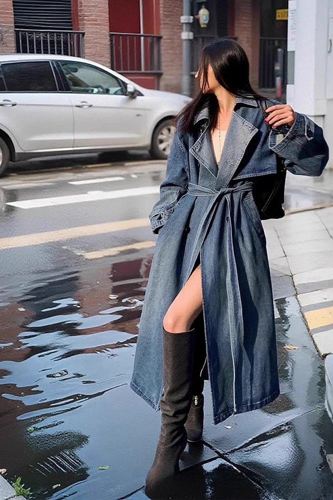 Washed Denim Lazy-Chic Long Overcoat - Image 3