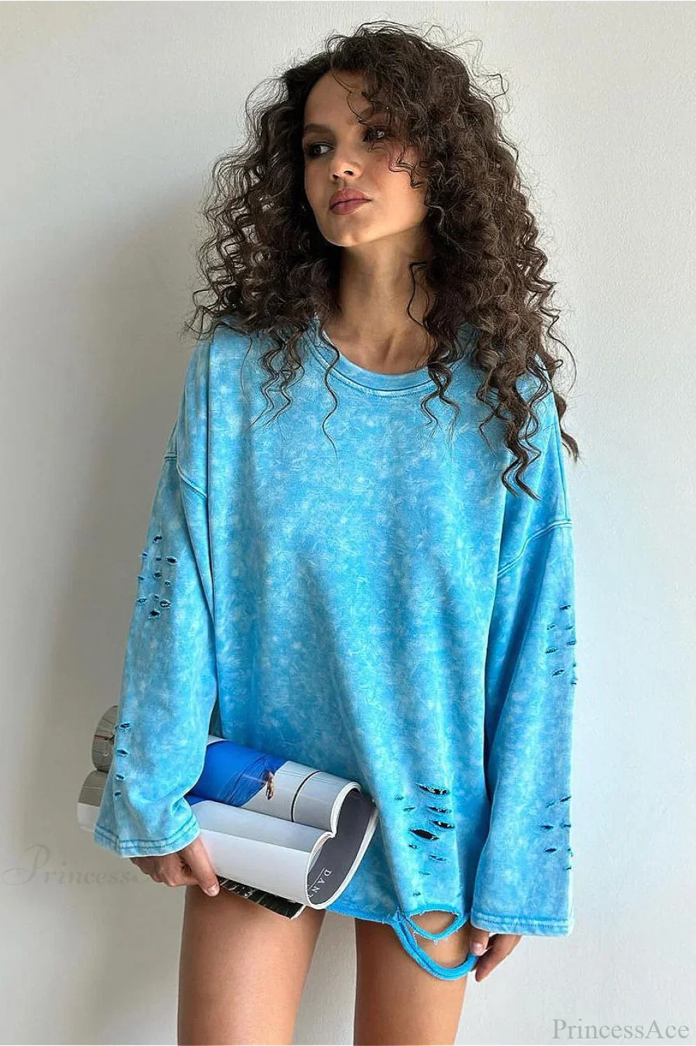 Washed Distressed Speckled Crew Neck Long Sleeve Tee - Image 3