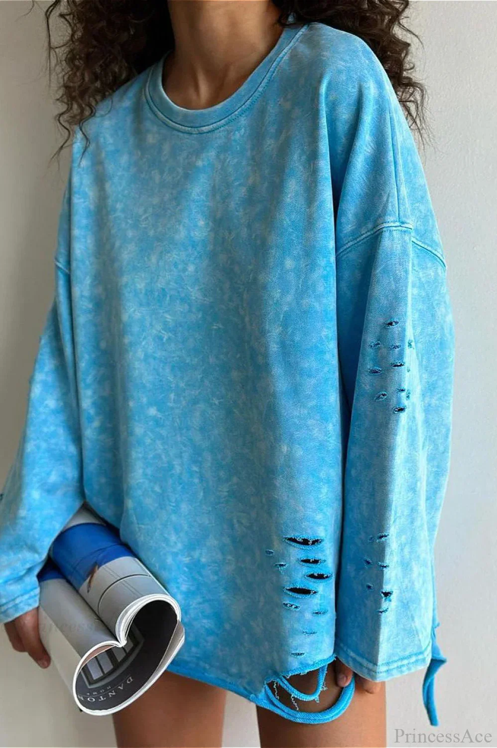 Washed Distressed Speckled Crew Neck Long Sleeve Tee - Image 4