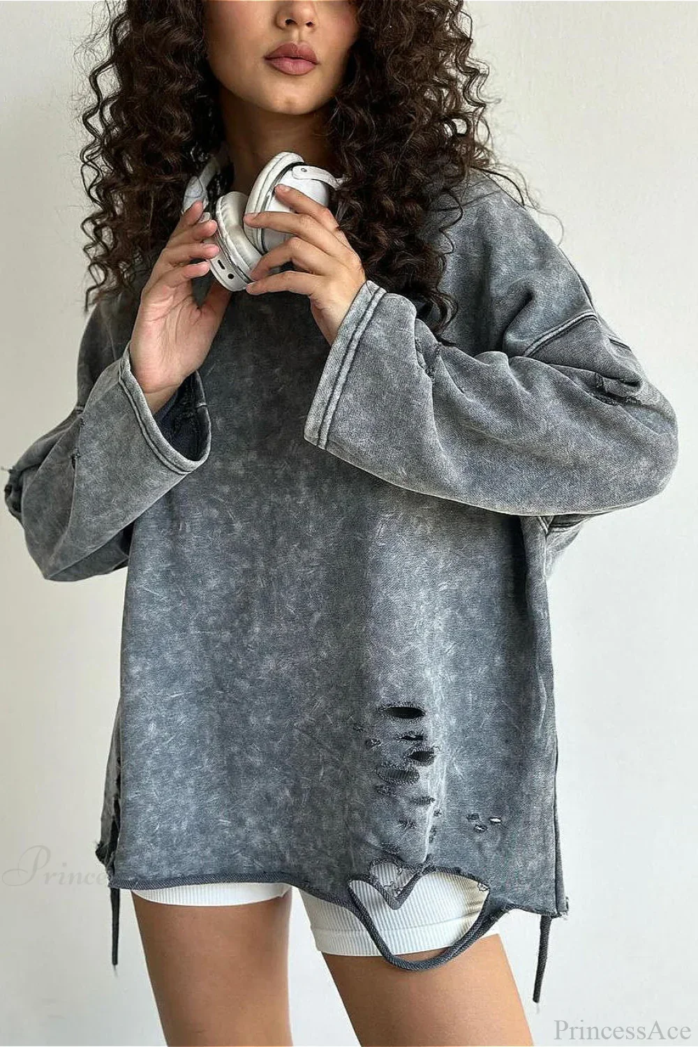 Washed Distressed Speckled Crew Neck Long Sleeve Tee - Image 5