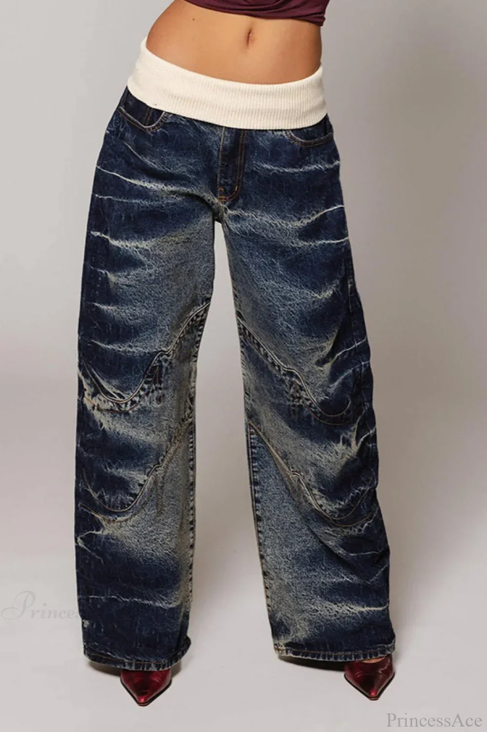 Washed Distressed Sporty Waist Wide Leg Jeans - Image 4
