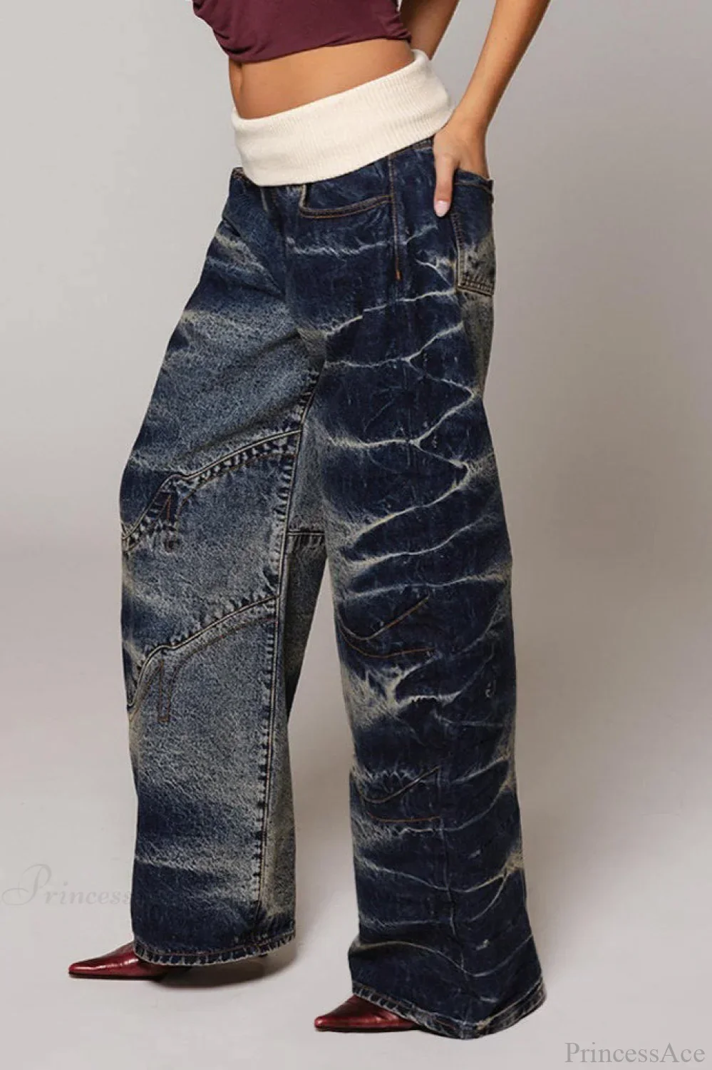 Washed Distressed Sporty Waist Wide Leg Jeans - Image 5
