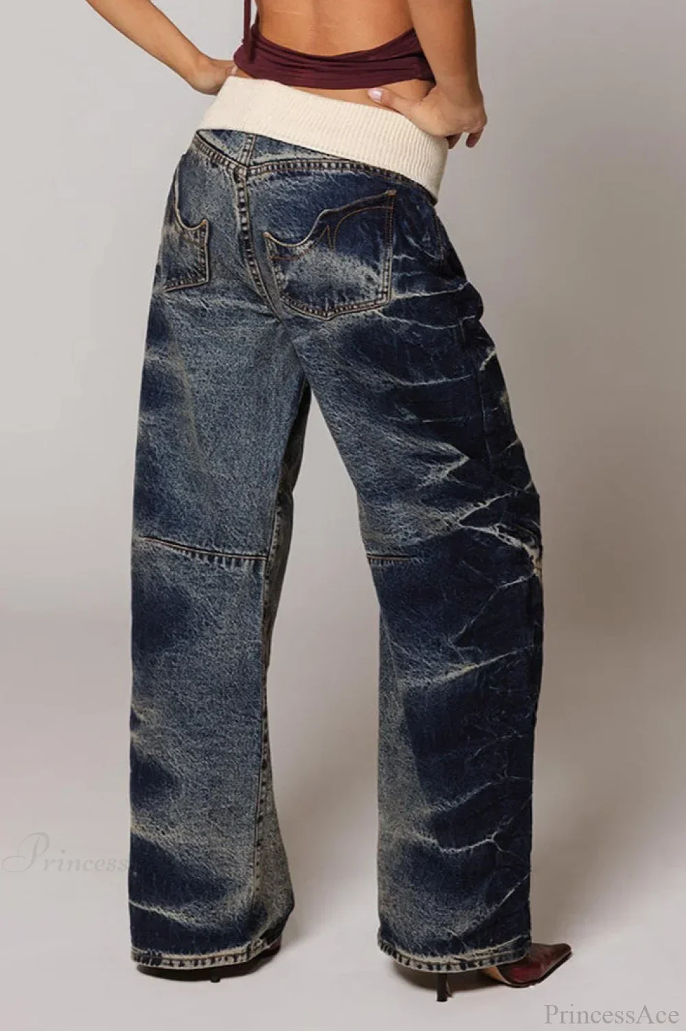 Washed Distressed Sporty Waist Wide Leg Jeans - Image 6