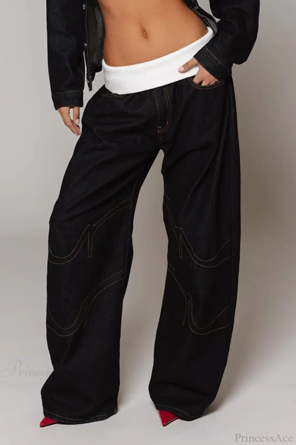 Washed Distressed Sporty Waist Wide Leg Jeans - Image 7