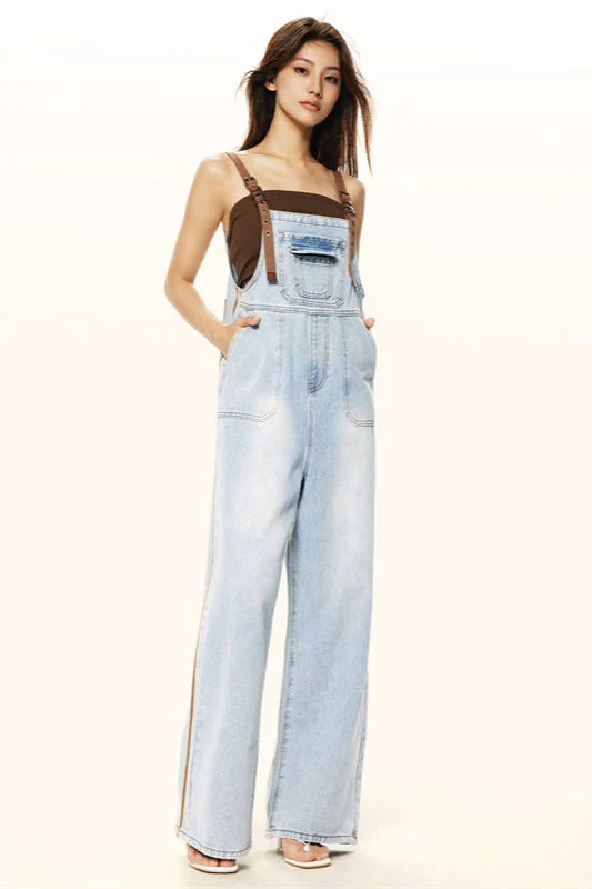 Washed Wide Leg Suspender Jeans - Image 3