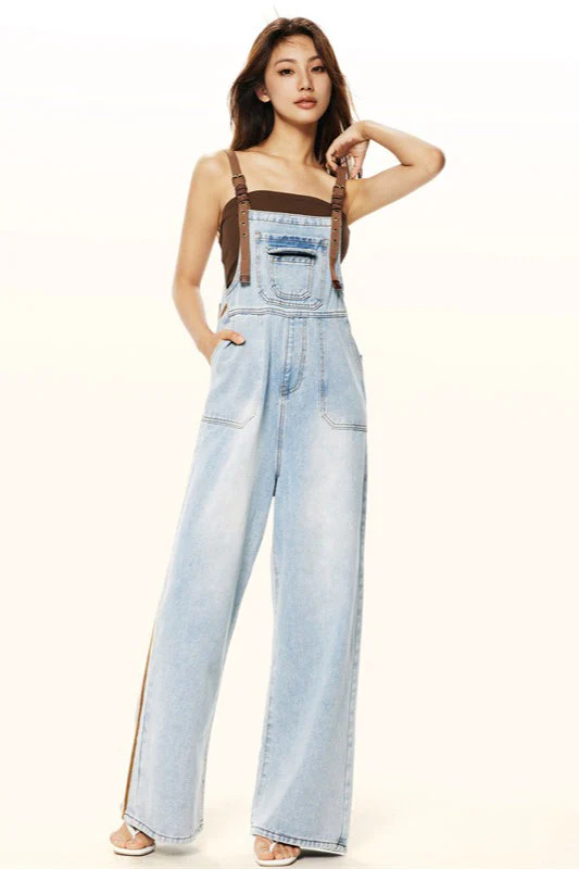 Washed Wide Leg Suspender Jeans - Image 4