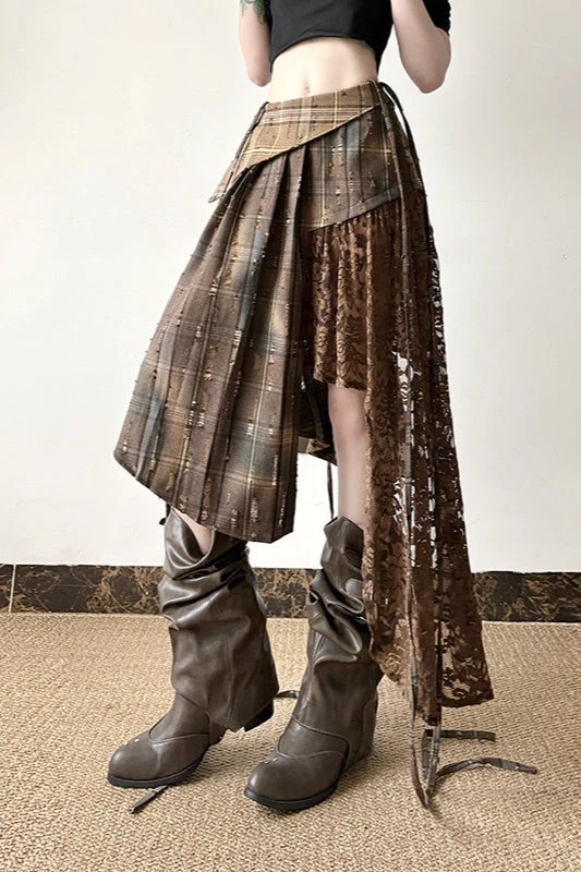 Wasteland Plaid Asymmetrical Lace Skirt - Image 2
