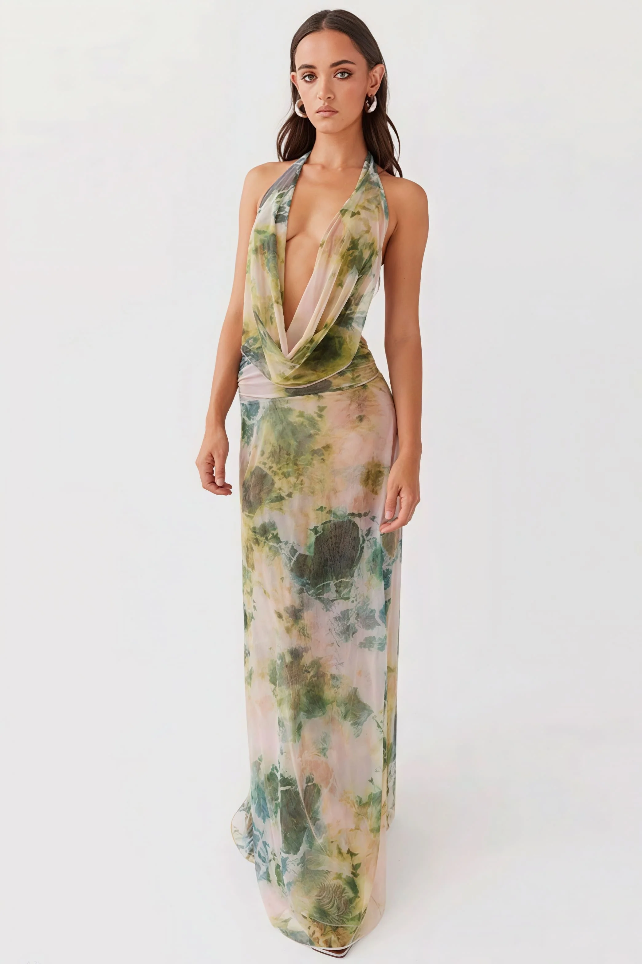 Watercolor Print Deep V Cowl Neck Backless Cami Ruched Maxi Dress - Image 7