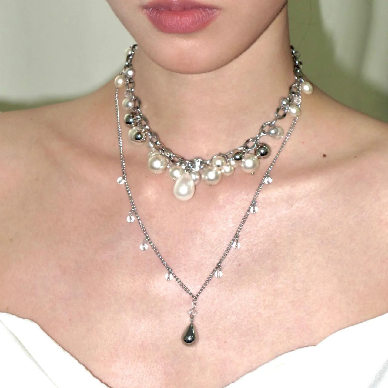 Waterdrop Pearl Double Layer Stackable NeckLace - Image 2