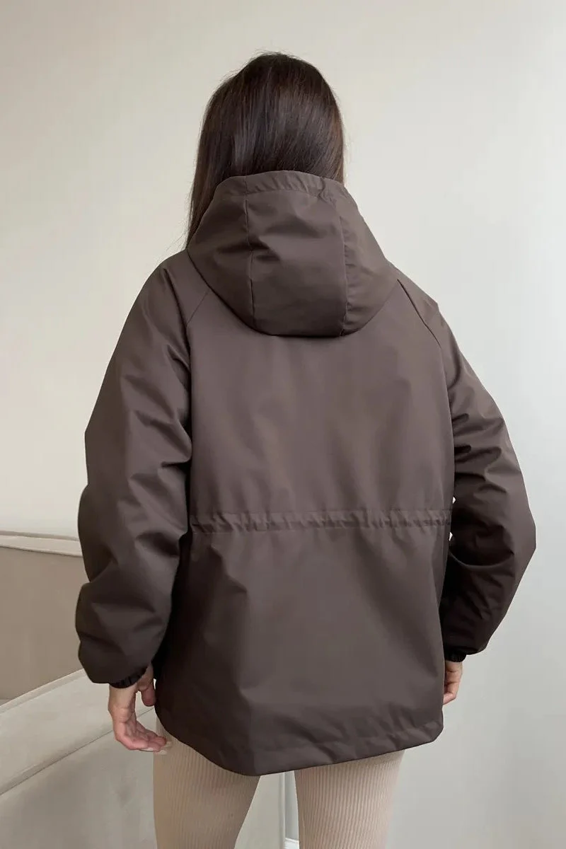 Waterproof Hooded Drawstring Loose Casual Outdoor Hiking Jacket - Image 5