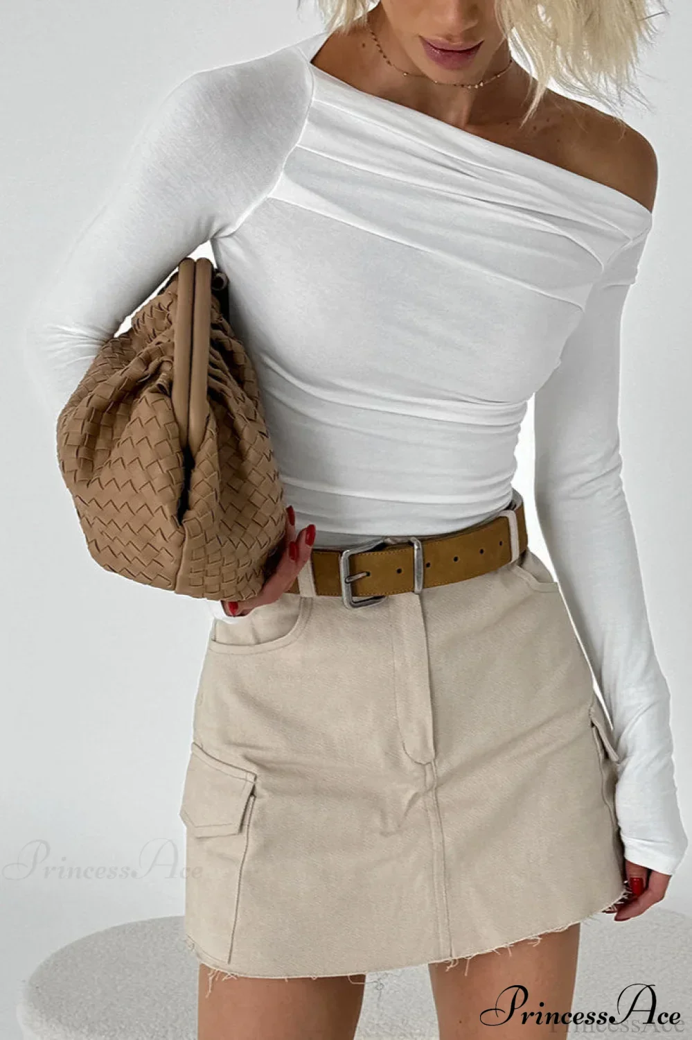 White Asymmetrical Neck Cold Shoulder Knit Long Sleeve Tee - Image 3