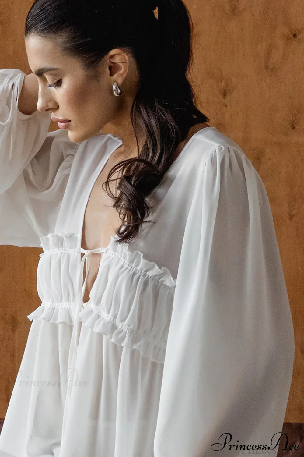 White Chiffon Ruffled Tie V Neck Blouse - Image 3