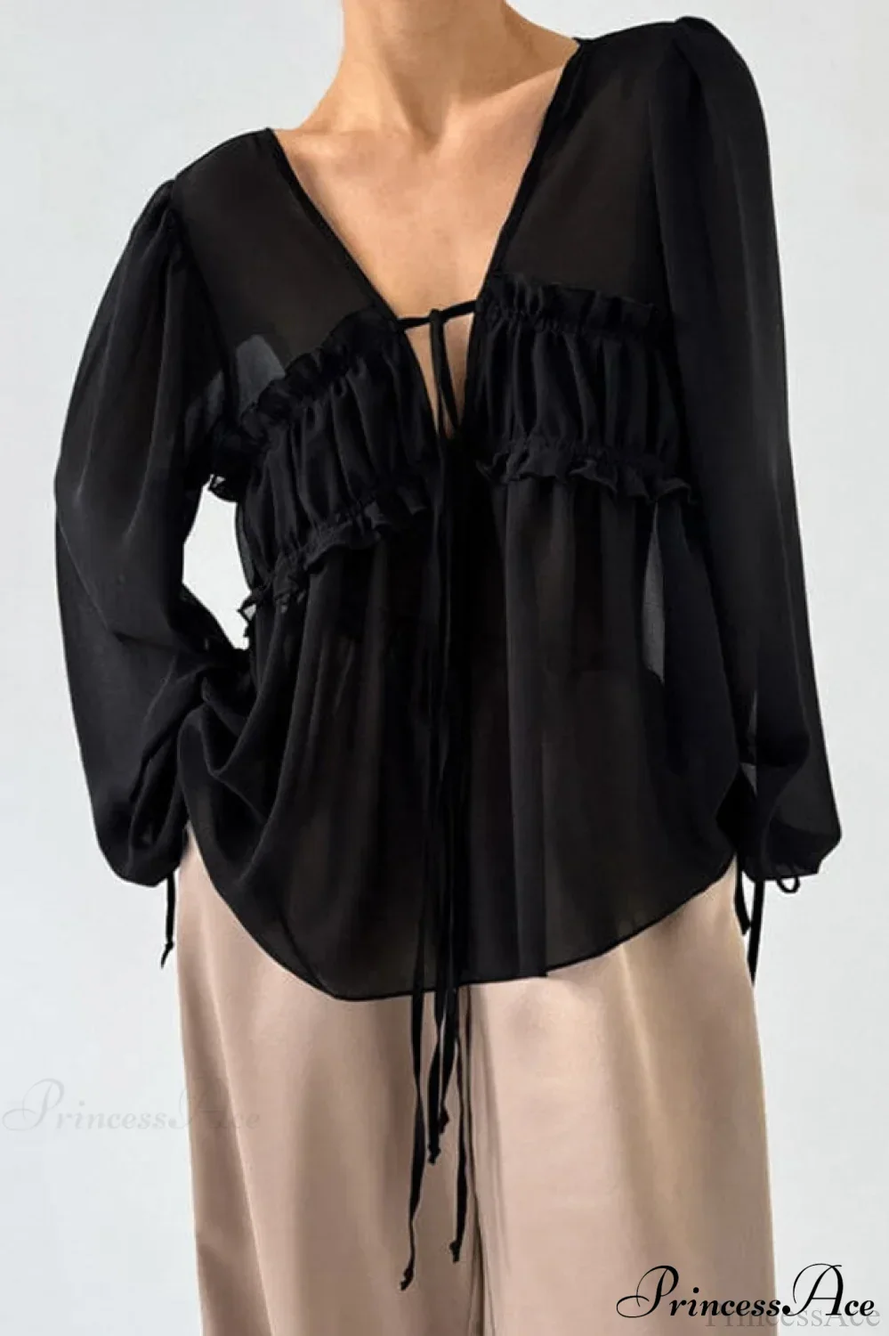 White Chiffon Ruffled Tie V Neck Blouse - Image 4