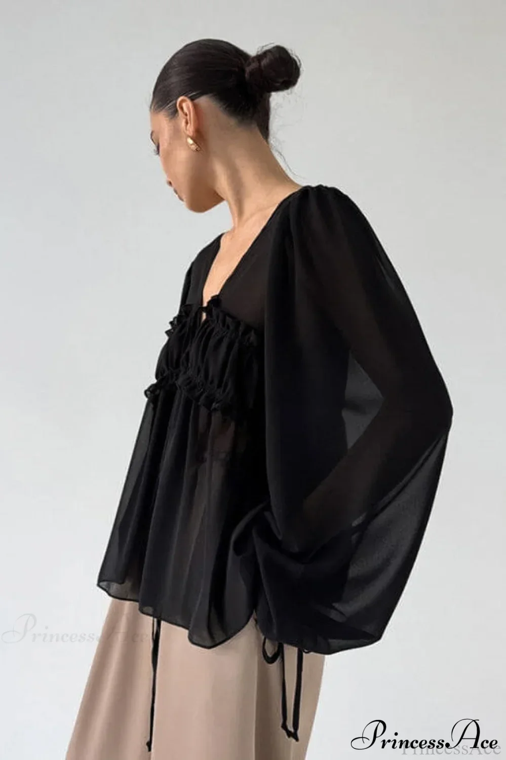 White Chiffon Ruffled Tie V Neck Blouse - Image 5
