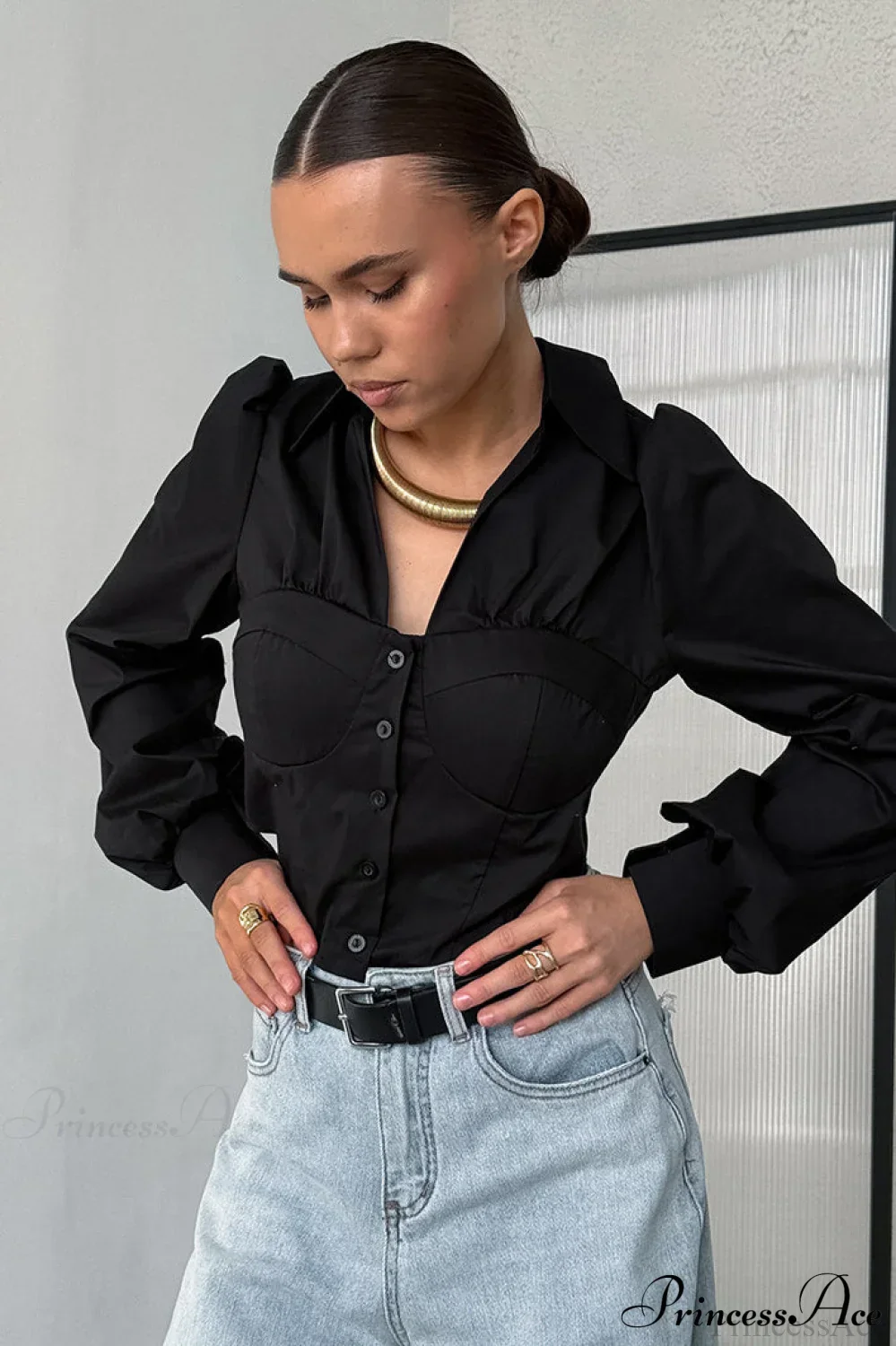 White Cotton Collared Puff Sleeve Blouse - Image 6