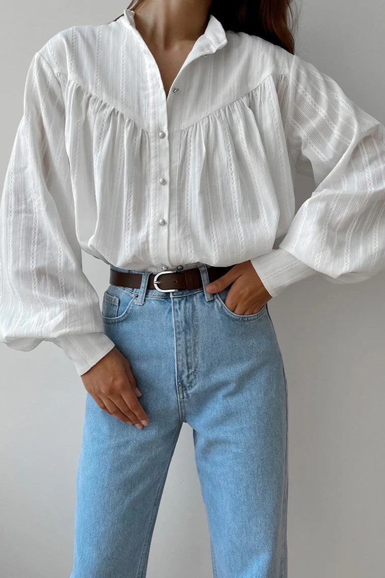 White Cotton Jacquard Stand Collar Blouse - Image 4